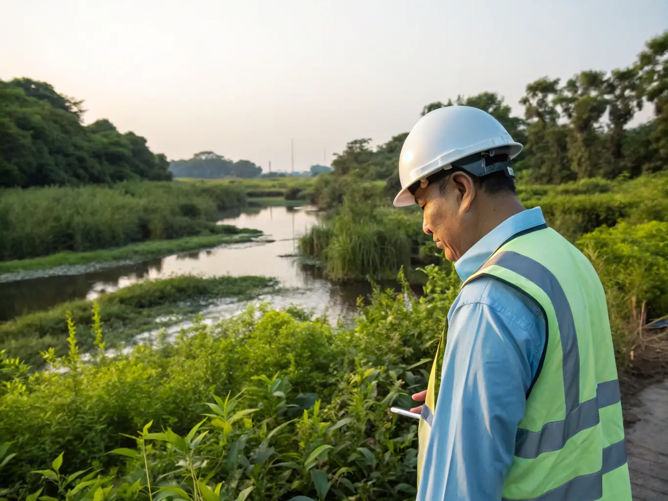 Environmental engineers inspecting a reclamation site with greenery and water bodies, representing SC Exploring's environmental compliance services.