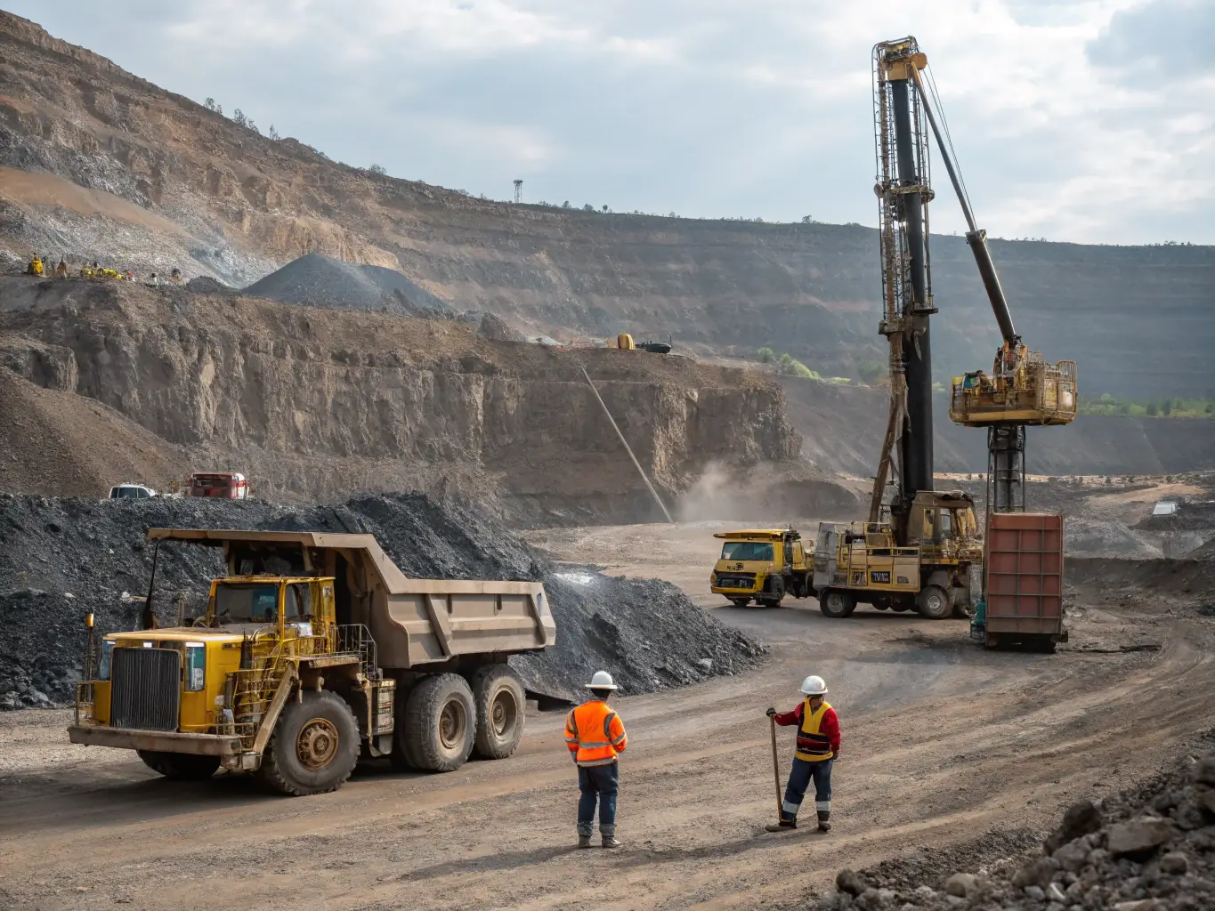 A panoramic view of a busy mining site with heavy machinery and workers in safety gear, illustrating SC Exploring's mining operations.