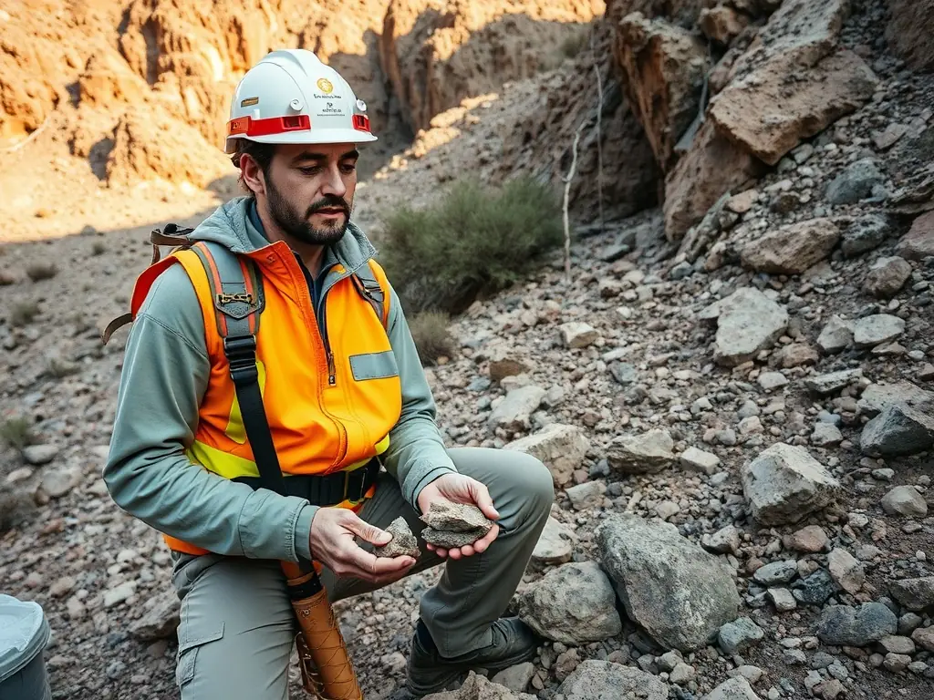 A geologist examining rock samples in the field, with mining equipment visible in the background, representing mineral exploration services.