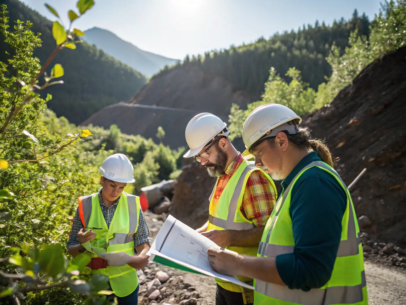 A team of environmental scientists conducting tests at a mining site, ensuring compliance with environmental regulations.